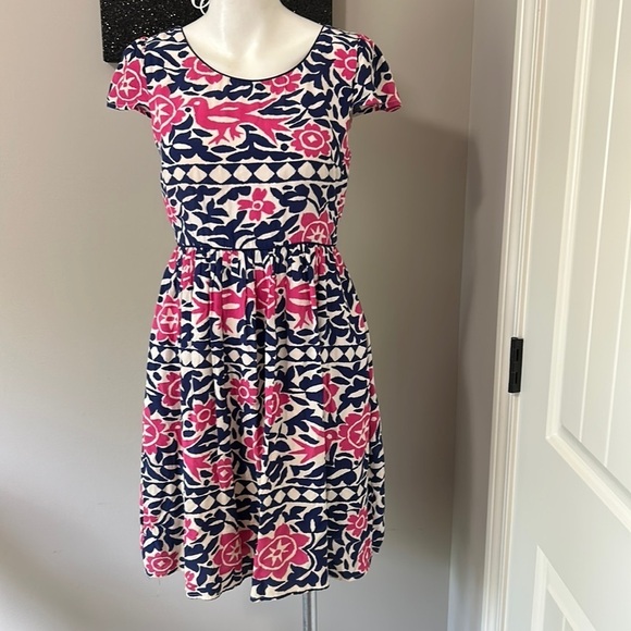 Anthropologie Maeve Peralta pink and blue bird patterned midi Dress Sz 2 - Picture 1 of 11